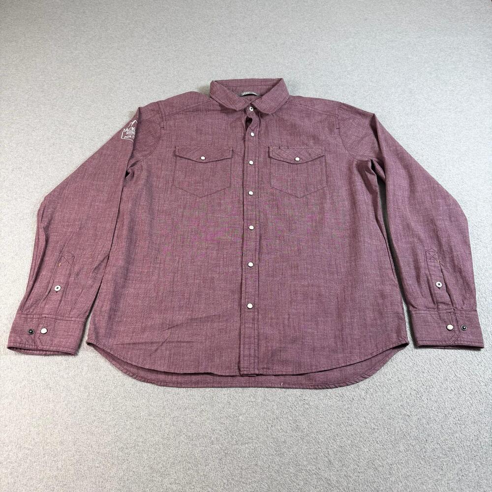 Stio Shirt Mens Large Red Chambray Snap Front Organic Cotton Outdoor Hike Logo